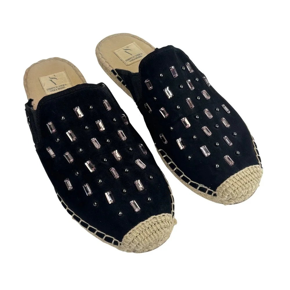 Vera Wang Espadrille Mules Sz 8 Black Canvas Rhinestone Studded Boho Glam